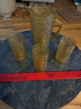 Vintage Anchor Hocking Pitcher & (3) Glasses Soreno Ribbed Pattern Amber Gold