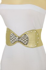Women Fashion Comfortable Belt Gold Wide Elastic Silver Bow Tie Buckle Size S M