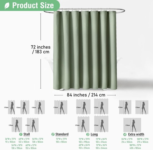 84" Wide Cotton-like Sage Green Shower Curtain - Elegant Waffle Weave Design - Picture 7 of 8