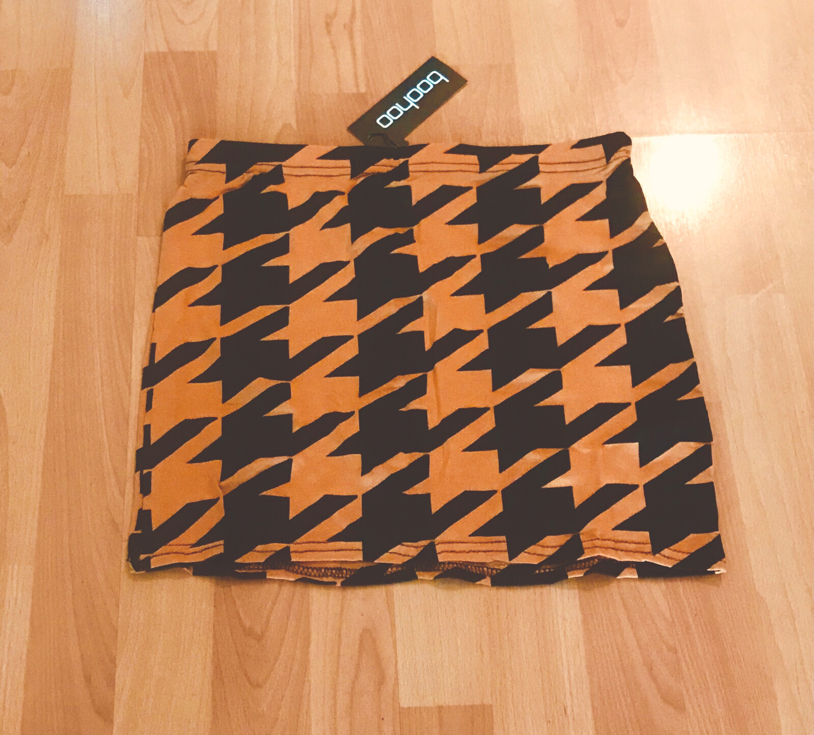 NWT FAB Petite Uk14 Mustard/Black Boohoo Dogtooth Houndstooth Bodycon Mini Skiry image 2