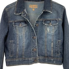 Womens Celebrity Pink Denim Jacket Size L Distress Crop Stretch 2350 Euc Dark