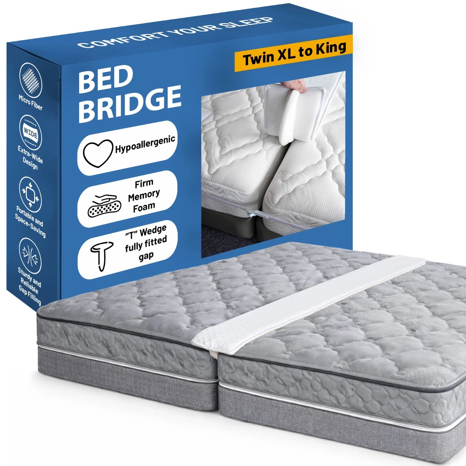 Continental Sleep, Bed Bridge Pad, Twin to King Converter Kit, White.