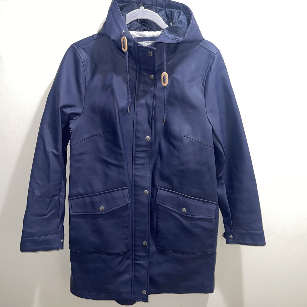 Levis Rubber Rain Parka Jacket Coat Navy Blue Hooded Snap Button Zip M