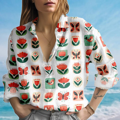 Folk Tulip Butterfly Blouse Shirt Red Green Floral Bird Women Shirt