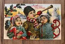 Vintage Postcard Merry Christmas Snowman Children Trenton IL Illinois