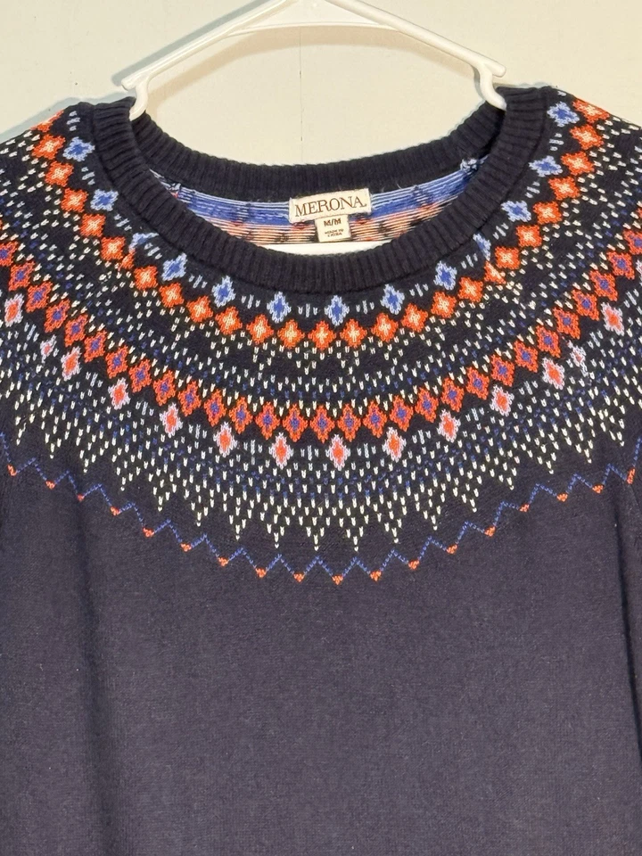 Suéter para mujer Merona Fair Isle tejido azul marino manga larga talla M Foto 4 de 4