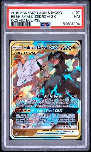 2019 POKEMON SUN & MOON COSMIC ECLIPSE #157 RESHIRAM & ZEKROM GX PSA 7