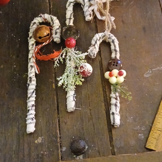 Handmade Rustic Candy Cane Ornaments with Buttons, Bells Set of 3