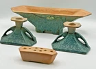 RARE ROSEVILLE FUTURA "BLUE" SAILBOAT BOWL, FROG & CANDLE HOLDERS-CA:1928-XLNT