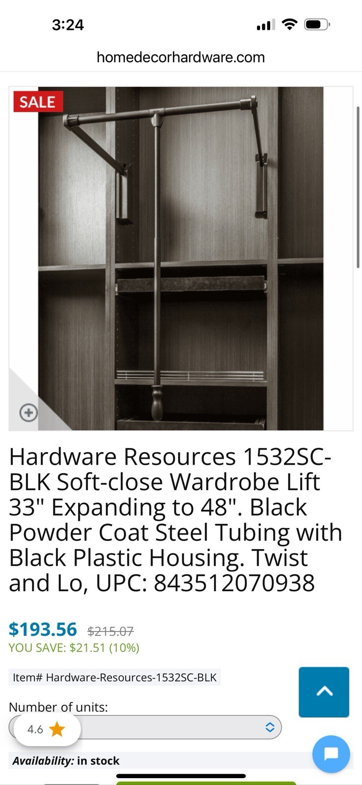 Hardware Resources Black Soft-close Expandable Wardrobe Lift  33"-48" Opening