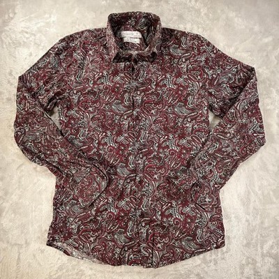 Primark Mens Medium Slim Fit Paisley Button Up Shirt Maroon Red Cotton Long Blk