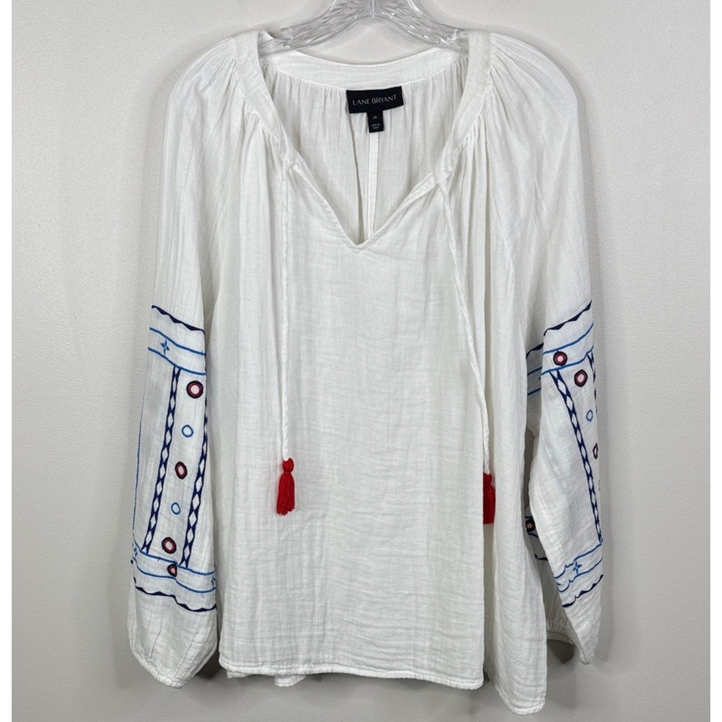 Lane Bryant Womens Size 20 Notch Neck Embroidered Peasant Top White Boho Tassels