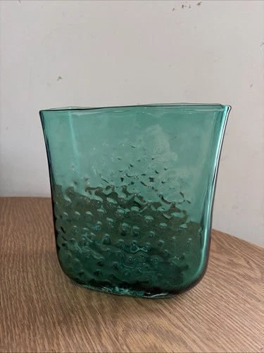 Stunning Vintage Blenko Textured Aqua Sea Foam Square Glass Vase Dimpled