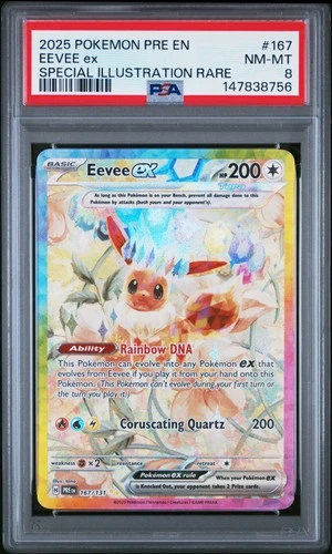 2025 POKEMON PRISMATIC EVOLUTIONS SPECIAL ILLUSTRATION RARE #167 EEVEE EX PSA 8