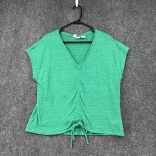 Cynthia Rowley Kelly Green V Neck Short Sleeve Linen Top Women’s Large