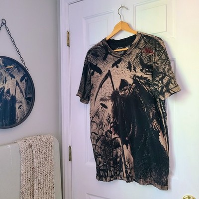Affliction Reaper Corn Crows Graphic T-Shirt Sz XL Black Gray All Over Print Y2K