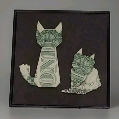 Money Origami Cats 2 Framed Handmade Real Dollar Bills Cash Art Gift Hang Easel