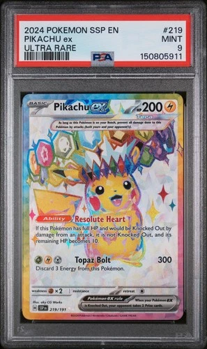 2024 Pokemon Sv08: Surging Sparks PIKACHU EX #219/191 Ultra Rare Holo PSA 9 MINT