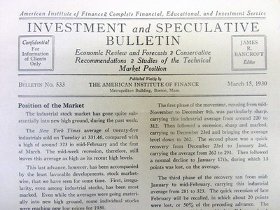 Original 1930 INVESTMENT NEWSPAPER published just after 1929 STOCK MARKET CRASH