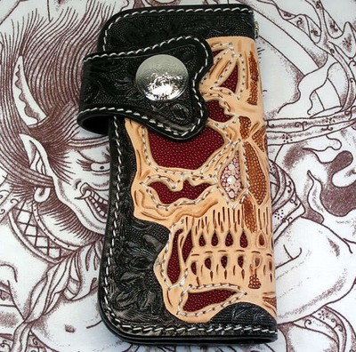 RIDER DEVIL SKULL GENUINE STINGRAY SKIN LEATHER MENS BIKER WALLET MOTORCYCLE
