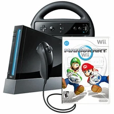 Nintendo Wii Black Console + Mario Kart Game + 2 Wheels + 2 Remotes + 2 Nunchuck