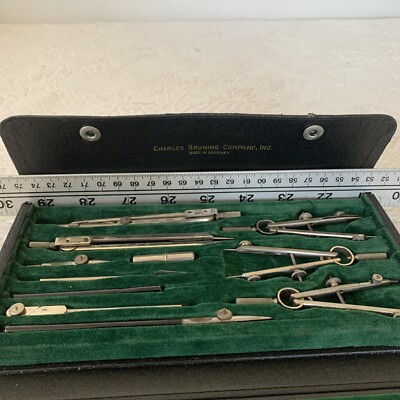 BRUNING  Drafting Compass & Tools Instruments Vintage Engineering Germany Case