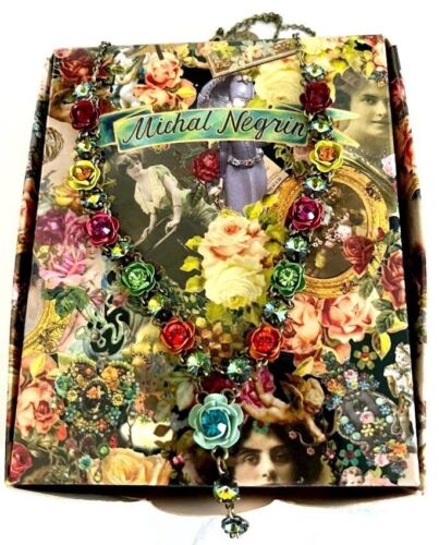 Michal Negrin Y-Drop Necklace MultiColor Carved Roses & Swarovski Crystals Boxed - Picture 6 of 8