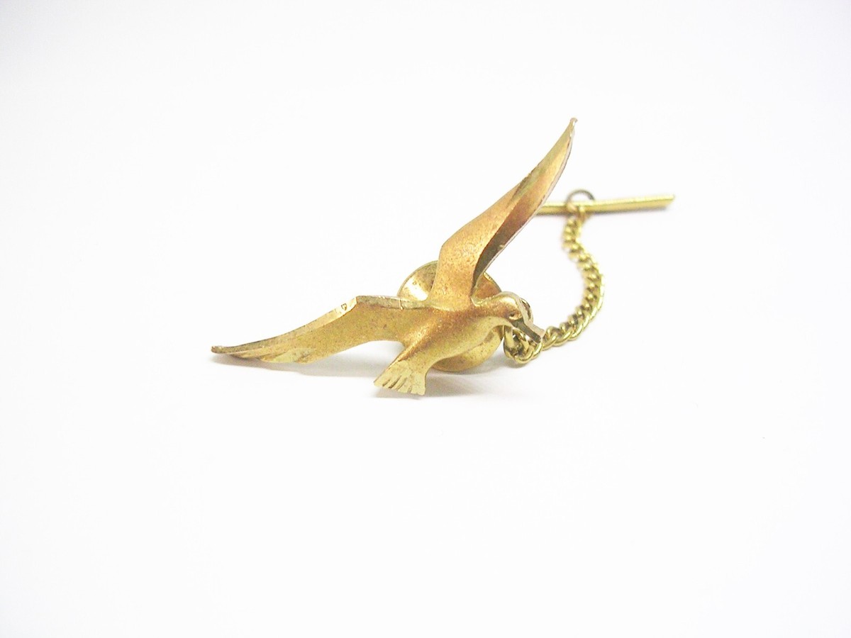 Seagull Tie Pin with Chain Diamond Cut gold tone Tie Tack Formal Wear