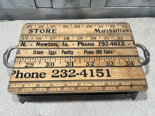 Primitive Upcycled Farm Advertising Rulers On Silver Plate Casserole Holder Tray - Afbeelding 1 van 10