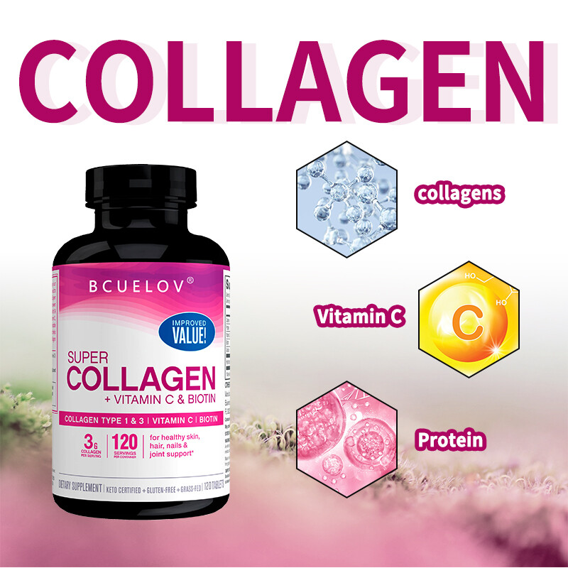 Collagene + Vitamina C e Biotina Supporto Salute Pelle Unghie Salute Capelli Spessi 30/60/120