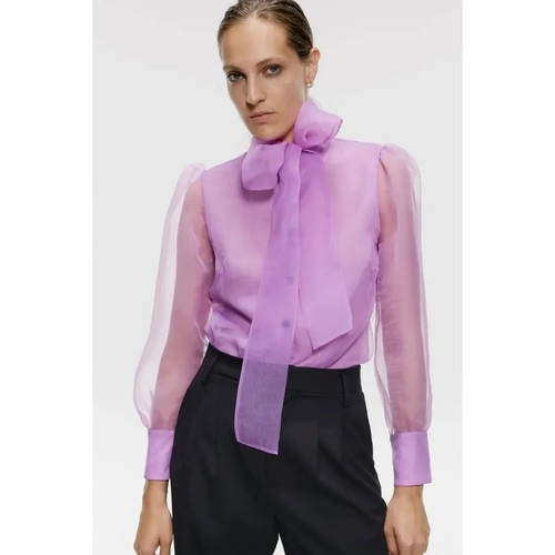 Zara Womens Organza Top Blouse Size XS Sheer Puff Sleeve Lilac Purple Bow Tie