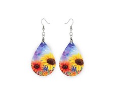 Yellow and Orange Sunflowers Print Wood Dangle Teardrop Print Earrings Jewelry