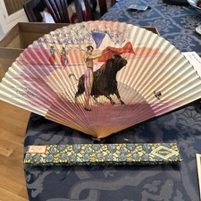 Vintage Spanish Hand Fan W/Bull /Matador  Pase Ayudado Por Alto Signed W/box
