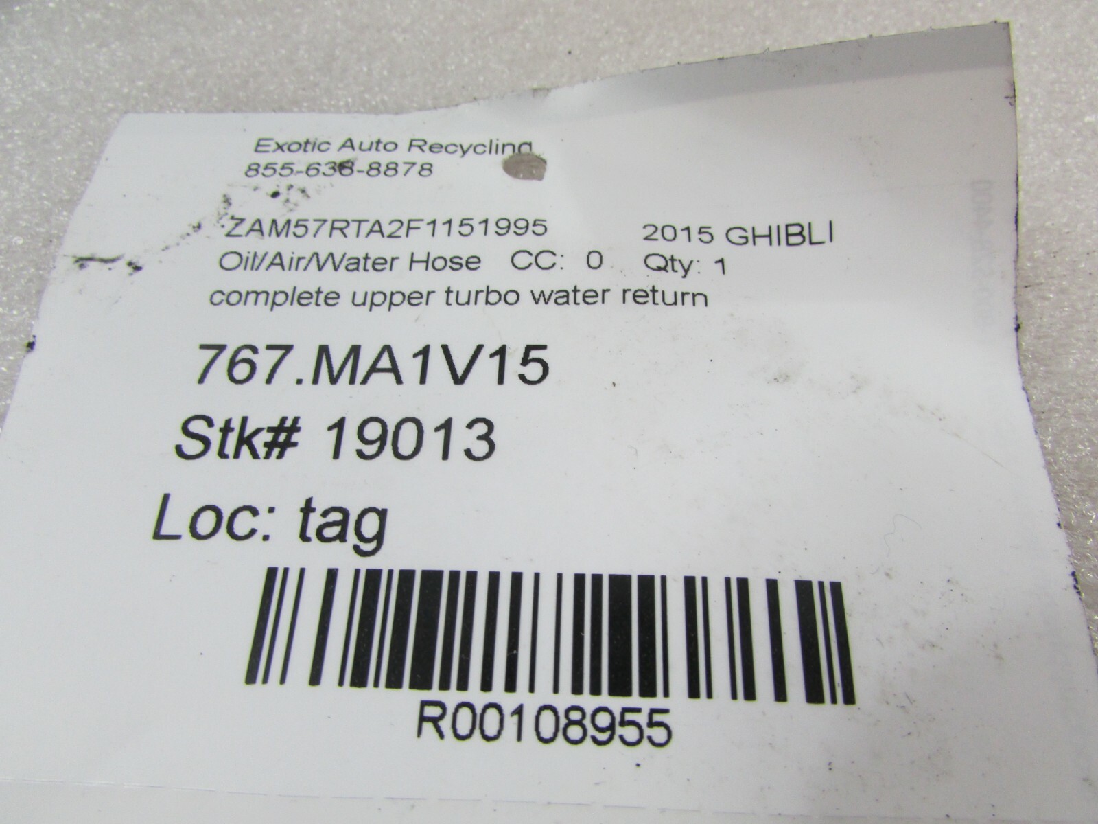 Maserati Ghibli, Complete Upper Turbo Water Return Hose, Used, P/N 300423