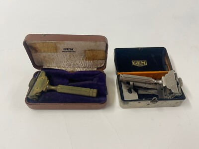 2x Gem Razor w/Decorated Beveled Handle Flip Top Safety Razor With Case
