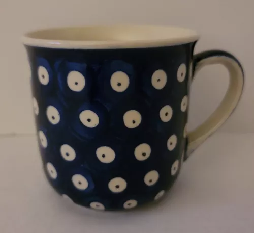 WIZA Polish Pottery Boleslawiec Coffee Mug Cup Cobalt Blue White Polka Dots HTF