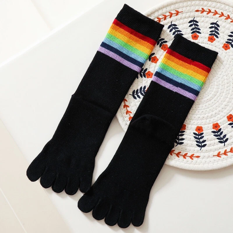 2 Pairs Women Girls Cotton Blend Thick Five Finger Toe Socks Rainbow Stripe Cute - Image 3 of 4