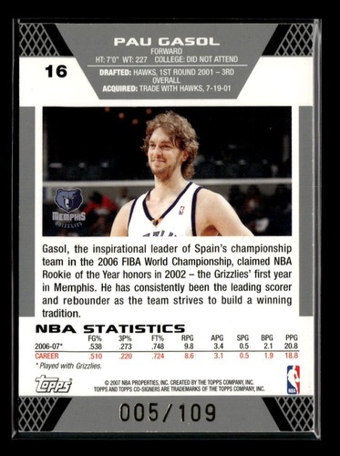 2007-08 Topps Co-Signers #16 Pau Gasol / Mike Miller Gold Red #/109 - Picture 2 of 2