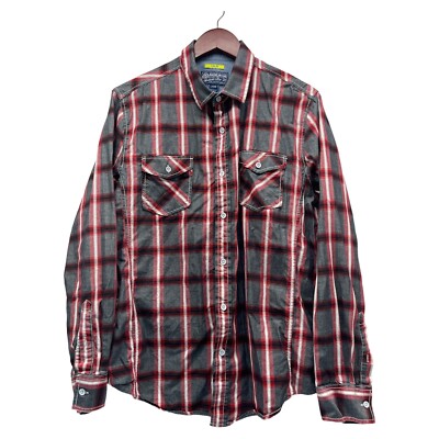 American Rag Mens Shirt Red Black Plaid Size Large Slim Fit Button Down