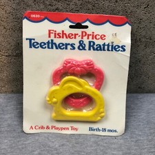 NEW Vintage Fisher Price Teethers  Rattles Strawberry  Bunny Vinyl 1984 SEALED
