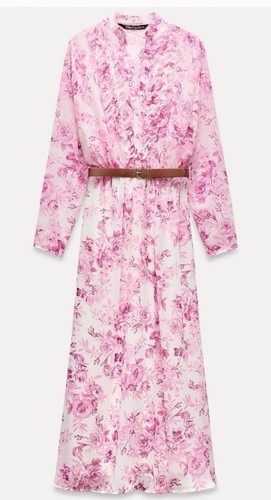 ZARA DAMSKA SUKIENKA MIDI W PASKI Z NADRUKIEM I FALBANAMI RÓŻOWA BIAŁA 2298/167 ROZMIAR XL - Zdjęcie 3 z 6