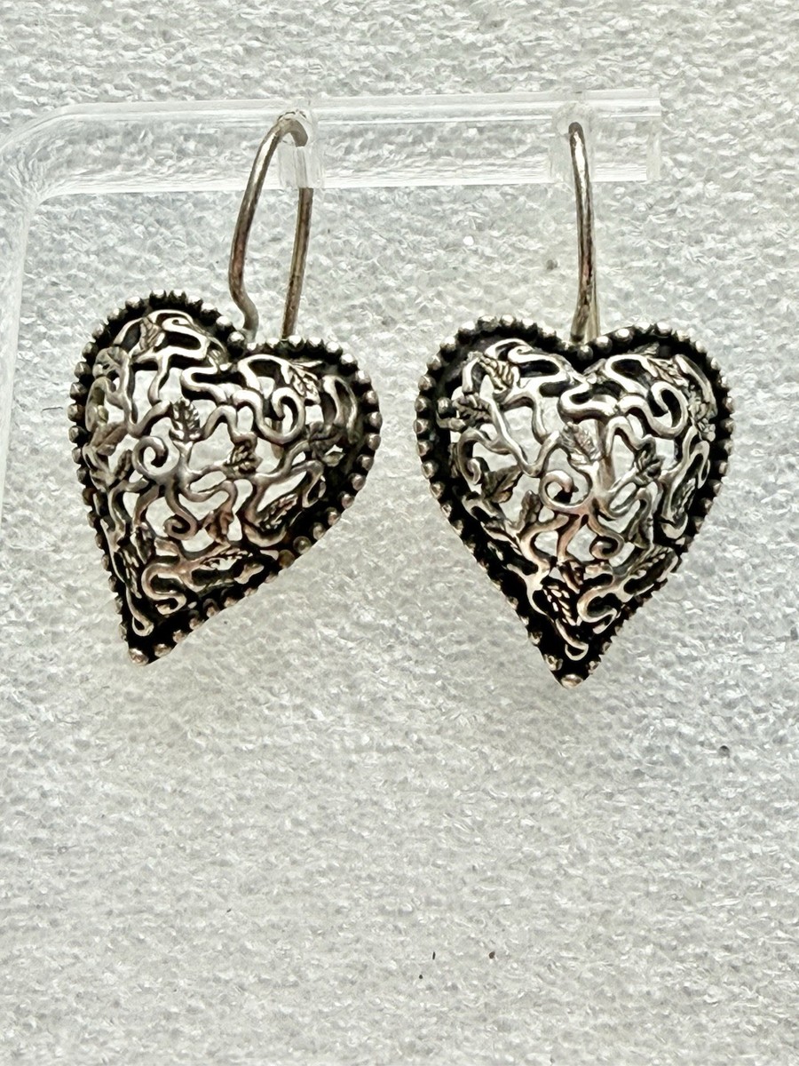 JEZ JEZLAINE 925 Sterling Silver Lace Puffed Heart 1.25” Earrings