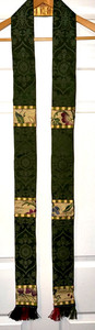 CATHOLIC PRIESTS GREEN SILK BROCADE FLORAL TAPESTRY STOLE ST. CHRISTOPHERS GUILD