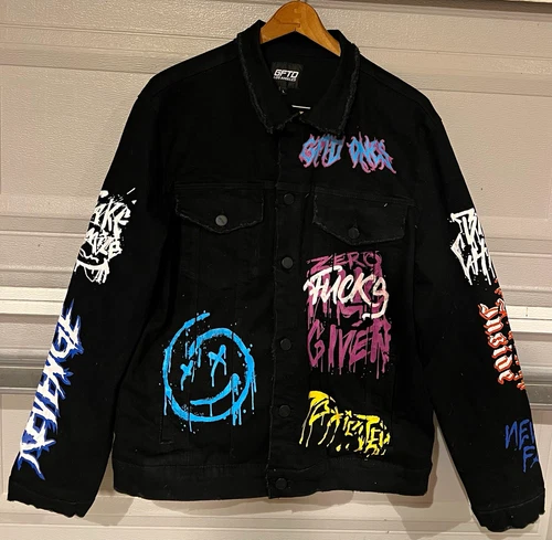 GFTD Los Angeles GFTD DNM Men's Black Graphic Denim Trucker Jacket Size L - product listing photo