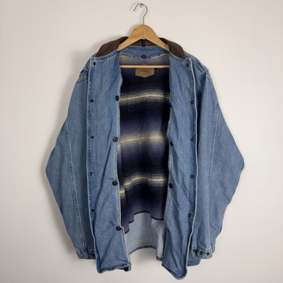 #ad Vintage 80s Woolrich Denim Blue Jean Barn Chore Coat Jacket Aztec Liner XL $200.00
