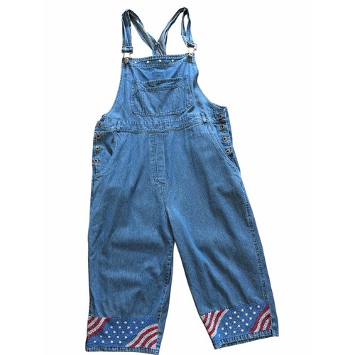 Agapo Vintage Denim Embroidered American Flag Patriotic Cropped Overalls Size XL
