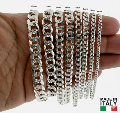 Real 925 Sterling Silver Mens Diamond Cut Curb Cuban Chain Bracelet or Necklace