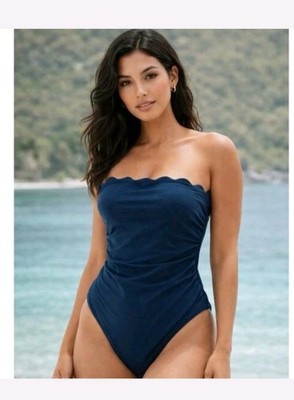  Shade & Shore Navy Swimsuit  Scalloped Neck High Leg Cheeky L (12-14) NWT