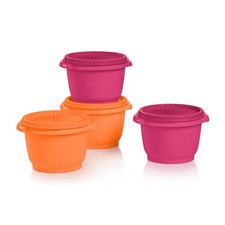 New 4 TUPPERWARE SERVALIER BOWLS set Orange & Berry 20 ounce w/Seals Lids 2.5c