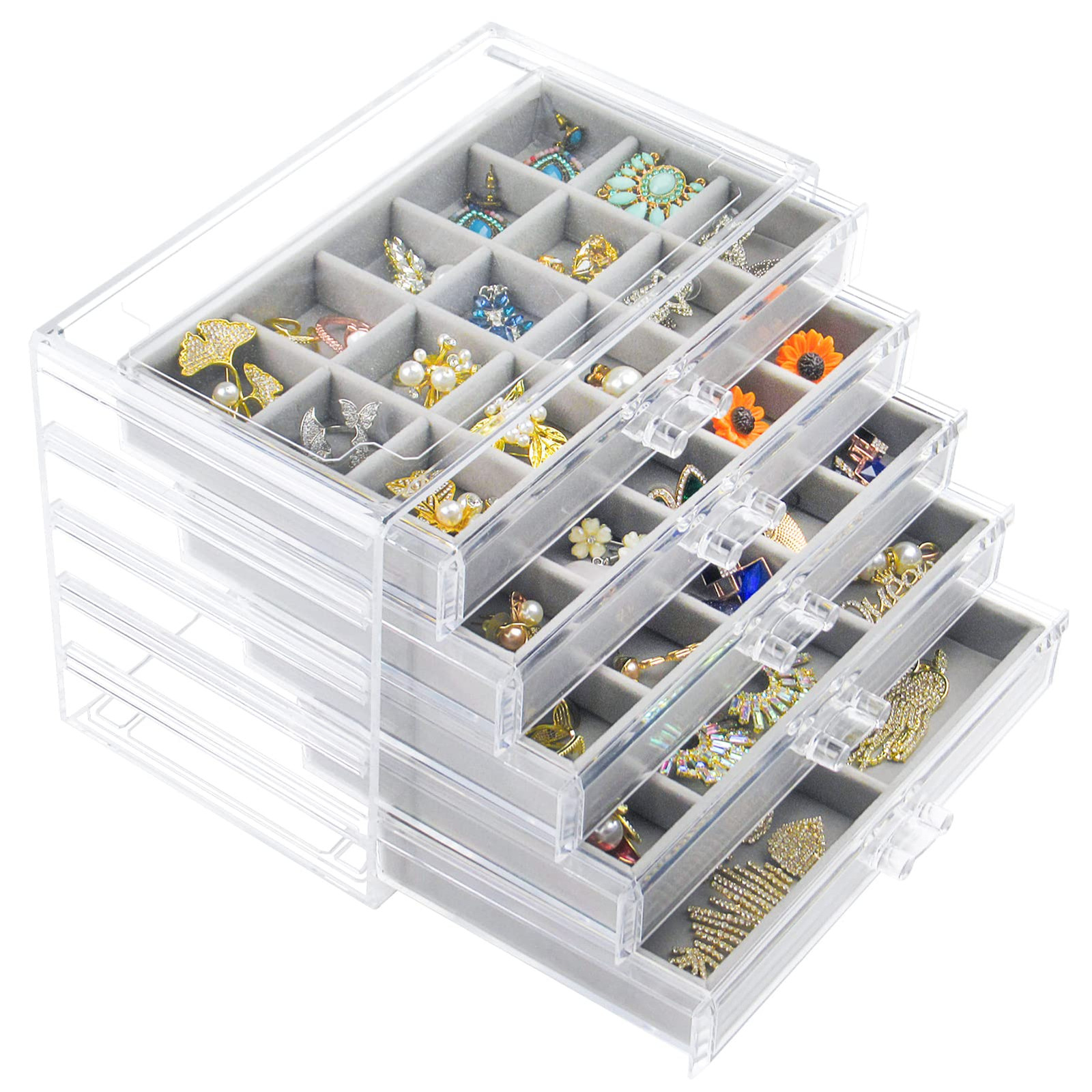 Acrylic Jewelry Box with 5 Drawers, Clear Earring Storage Organizer Display C...